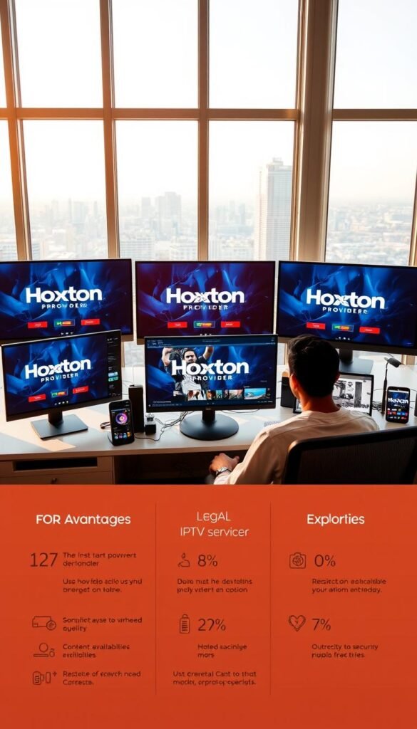 A modern, well-designed workspace with sleek computer monitors, tablets, and mobile devices prominently displaying the "Hoxtoon Provider" brand. The room is bathed in warm, natural lighting from large windows, creating a professional and inviting atmosphere. In the foreground, a person is seated at a desk, researching and exploring the various legal IPTV services available, with a focus on the Hoxtoon Provider platform. The middle ground features informative infographics and statistics highlighting the advantages of using a legal IPTV provider, such as content availability, reliability, and security. The background showcases a cityscape view, symbolizing the global reach and accessibility of the Hoxtoon Provider service.
