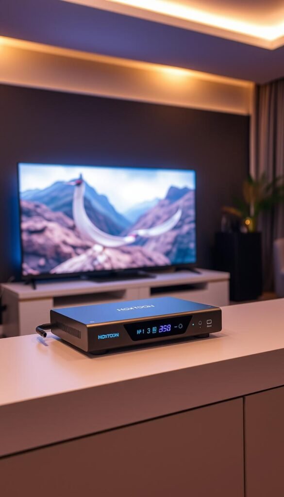 A modern, well-equipped IPTV streaming setup with a sleek, minimalist design. In the foreground, a Hoxtoon Provider streaming device with a clean, intuitive interface sits atop a minimalist entertainment console. The middle ground features a high-definition television displaying a vibrant, immersive video stream. In the background, a cozy, dimly lit living room setting with warm, soft lighting sets the mood for an optimal viewing experience. The overall atmosphere conveys a sense of technological sophistication and relaxation, perfectly suited for an article on elevating one's IPTV streaming experience.