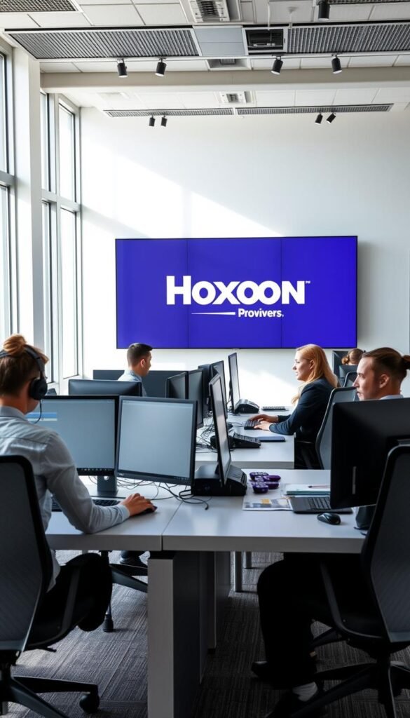 A modern, well-equipped Roku IPTV service support center, with a team of attentive technicians working diligently at their desks. Bright, airy lighting filters in through large windows, creating a welcoming atmosphere. Sleek, minimalist desks are adorned with state-of-the-art computers and monitoring equipment, reflecting the cutting-edge technology powering the Hoxtoon Provider's Roku IPTV service. In the background, a large display screen showcases the Hoxtoon Provider's logo, emphasizing the brand's commitment to reliable and responsive customer support. The scene conveys a sense of professionalism, efficiency, and a dedication to providing exceptional service to Roku users.