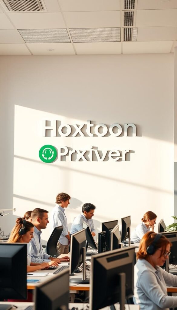 A modern, well-equipped customer service center with a team of knowledgeable technicians assisting customers with a warm, inviting atmosphere. The Hoxtoon Provider logo prominently displayed on the wall, conveying a sense of professionalism and reliability. The room is filled with natural light, creating a bright and airy ambiance. Computers and communication equipment are neatly organized, suggesting efficiency and attention to detail. The overall scene evokes a sense of trust and confidence in Hoxtoon Provider's commitment to exceptional customer support.
