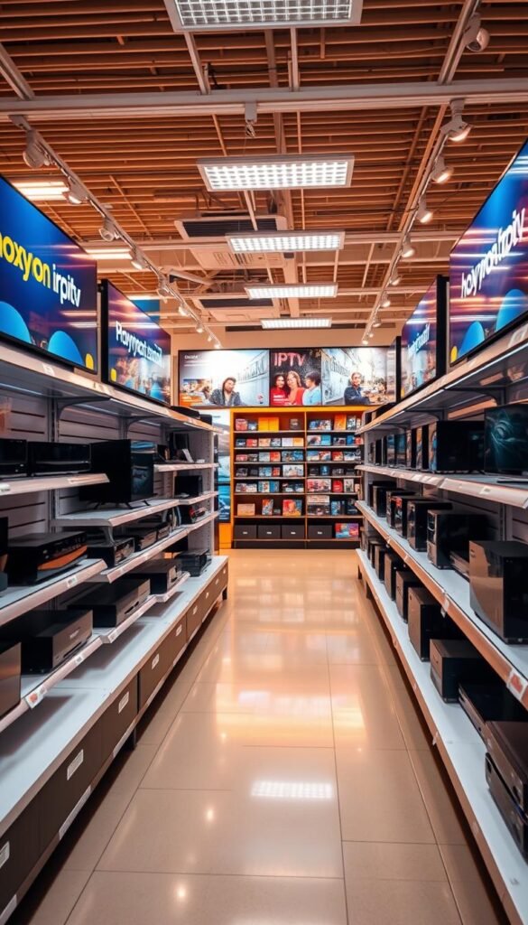 A modern, well-equipped electronics store interior with sleek shelves displaying a variety of IPTV devices and services. Prominent signage for the "Hoxtoon Provider" brand, showcasing their diverse channel and content offerings. Warm, inviting lighting illuminates the space, creating an atmosphere of reliability and technological innovation. The camera angle captures a balanced, symmetrical composition that highlights the store's professional, high-quality presentation. The overall scene conveys a sense of trust, quality, and the Best Buy IPTV experience.