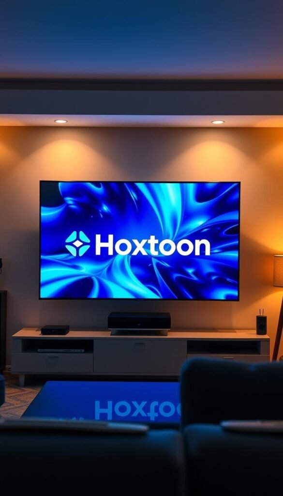 A modern, well-equipped home entertainment setup with a large, high-definition display showcasing the Hoxtoon Provider logo and branding. The room is bathed in a warm, soft lighting that creates a cozy, inviting atmosphere. The display shows a vibrant, crystal-clear IPTV stream with no visible artifacts or buffering, reflecting the high-quality streaming performance of the Hoxtoon service. The image conveys a sense of reliability, quality, and technological sophistication associated with the Hoxtoon Provider brand.