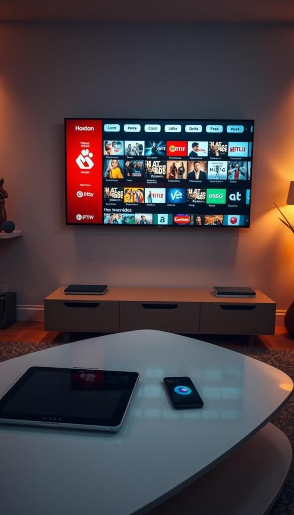 A modern, well-equipped living room with a large flat-screen TV mounted on the wall. On the TV, the Hoxtoon Provider IPTV service is displayed, showcasing its diverse content library of over 21,000 live channels and 150,000 on-demand videos. The room is illuminated by warm, ambient lighting, creating a cozy and inviting atmosphere. A tablet and a smartphone are placed on a sleek, minimalist coffee table, indicating the multi-device support and the ability to access the IPTV service from various devices. The overall composition emphasizes the convenience, flexibility, and comprehensive nature of the Hoxtoon Provider IPTV experience.