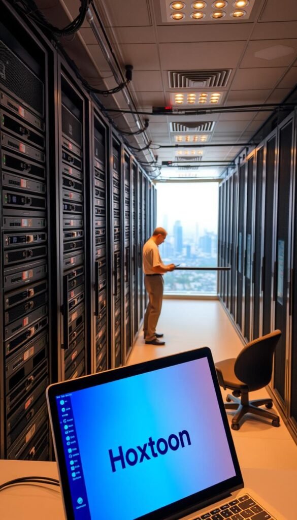 A modern, well-equipped server room with rows of high-performance racks and cooling systems. In the foreground, a desk with a laptop displays the Hoxtoon Provider brand logo and user interface. Technicians in the middle ground are closely monitoring the system status and troubleshooting any issues. The background showcases a panoramic view of the city skyline, conveying the scale and reach of the Hoxtoon IPTV service. Soft, warm lighting creates a professional and reliable atmosphere, highlighting the advanced technology powering the Hoxtoon Provider network.
