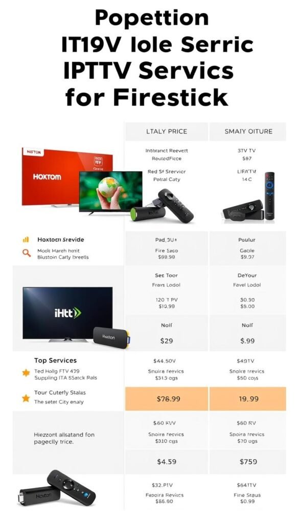 A modern, well-lit, and visually appealing comparison of popular IPTV services for Firestick, showcasing the Hoxtoon Provider alongside other top options. The image should have a clean, minimalist design with crisp product shots, clear pricing information, and subtle branding. The background should be a soft, neutral tone that allows the service details to take center stage. The overall mood should convey a sense of professionalism, reliability, and consumer-friendliness to help the reader make an informed decision.
