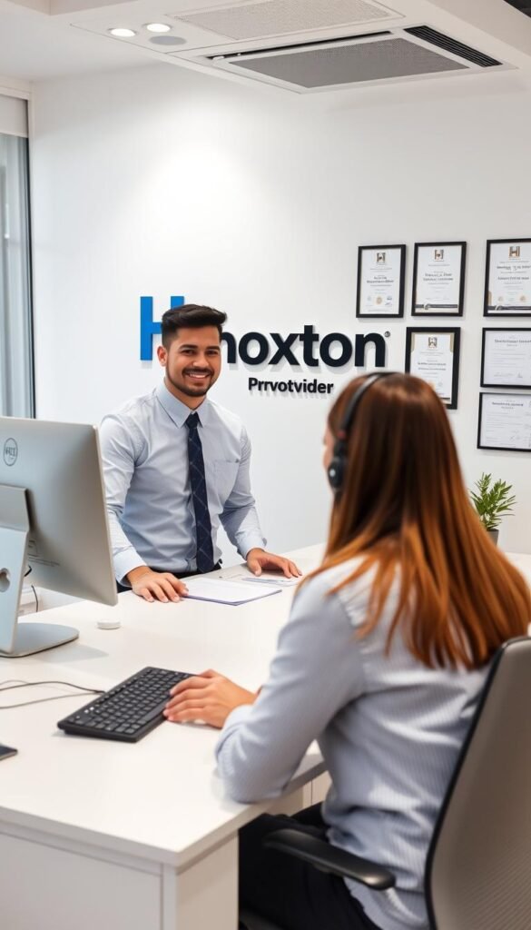 A modern, well-lit customer service office of the Hoxtoon Provider company. In the foreground, a friendly customer service representative in a crisp button-down shirt and tie is warmly greeting a customer seated across the desk. The middle ground features a sleek, minimalist desk setup with a computer monitor, keyboard, and office supplies. The background showcases the Hoxtoon Provider branding on the wall, along with framed certificates and awards reflecting the company's commitment to excellence in customer service. The overall atmosphere is professional, inviting, and conveys a sense of reliable and attentive support.