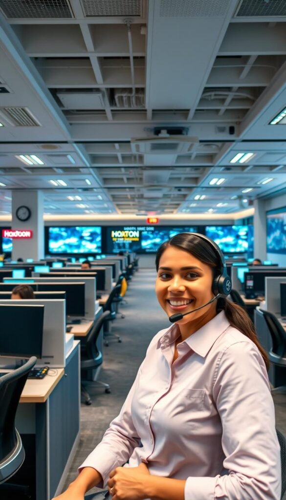 A modern, well-lit customer service office of the premium IPTV provider Hoxtoon. In the foreground, a friendly, professional-looking customer support agent wearing a headset and smiling warmly while assisting a customer on a video call. In the middle ground, rows of cubicles with other agents diligently working, creating a bustling atmosphere. The background features sleek, high-tech equipment and displays showcasing Hoxtoon's reliable network infrastructure and cutting-edge technology. The overall scene conveys a sense of efficiency, responsiveness, and a deep commitment to customer satisfaction.