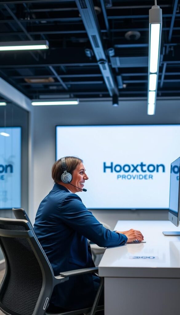 A modern, well-lit customer service office with sleek, minimalist decor. In the foreground, a customer service representative wearing a headset and smiling warmly, assisting a Hoxtoon Provider customer seated across a clean, professional-looking desk. The background features a large display screen showcasing the Hoxtoon Provider logo and branding, suggesting a sense of reliability and technical expertise. The lighting is bright and inviting, creating a welcoming atmosphere. The overall scene conveys an efficient, responsive, and customer-centric Hoxtoon Provider support experience.