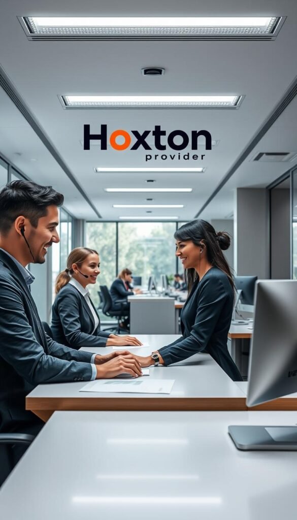 A modern, well-lit customer service office with the Hoxtoon Provider logo prominently displayed. The foreground features a desk with a friendly customer service representative assisting a client, their expressions conveying attentiveness and professionalism. In the middle ground, additional representatives work diligently at their stations, creating an atmosphere of efficient, high-quality support. The background showcases a sleek, minimalist design with large windows allowing natural light to flow in, reflecting the brand's commitment to transparency and accessibility. The overall scene evokes a sense of trust, competence, and a customer-centric approach to service excellence.