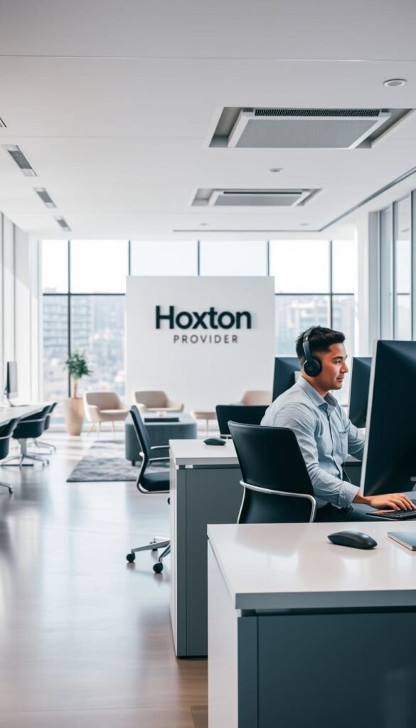 A modern, well-lit customer support office for the Hoxtoon Provider brand. In the foreground, two Hoxtoon employees in business casual attire sit at sleek desks, intently focused on their computer screens while assisting customers over the phone. The middle ground features a central waiting area with comfortable chairs and a Hoxtoon logo wall display. The background showcases floor-to-ceiling windows allowing natural light to flood the space, creating a bright and welcoming atmosphere. The overall scene conveys Hoxtoon's commitment to providing exceptional, personalized customer support.