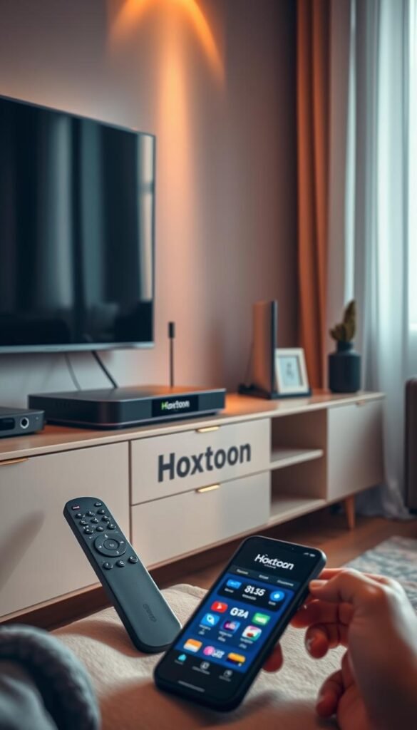 A modern, well-lit home entertainment setup, featuring a sleek, minimalist TV stand with the Hoxtoon Provider logo prominently displayed. On the stand, a high-end streaming device is connected to a large, high-definition television, showcasing the seamless integration of the Hoxtoon IPTV service. The room is bathed in warm, soft lighting, creating a cozy and inviting atmosphere. In the foreground, a remote control and a mobile device, both displaying the Hoxtoon interface, highlight the ease of use and accessibility of the IPTV service. The overall scene conveys a sense of effortless, premium streaming experience.