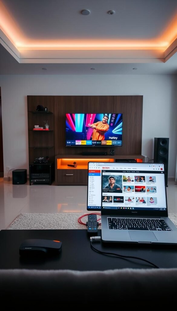 A modern, well-lit interior showcasing an IPTV service called Hoxtoon Provider. In the foreground, a sleek, minimalist TV set displays a vibrant live TV interface, with a remote control and streaming device nearby. The middle ground features neatly organized networking equipment, cables, and a laptop open to the Hoxtoon Provider website, highlighting its user-friendly interface and diverse channel selection. The background depicts a stylish, high-tech home entertainment setup, with mood lighting and premium audio equipment, conveying the premium quality and immersive experience of the Hoxtoon IPTV service.