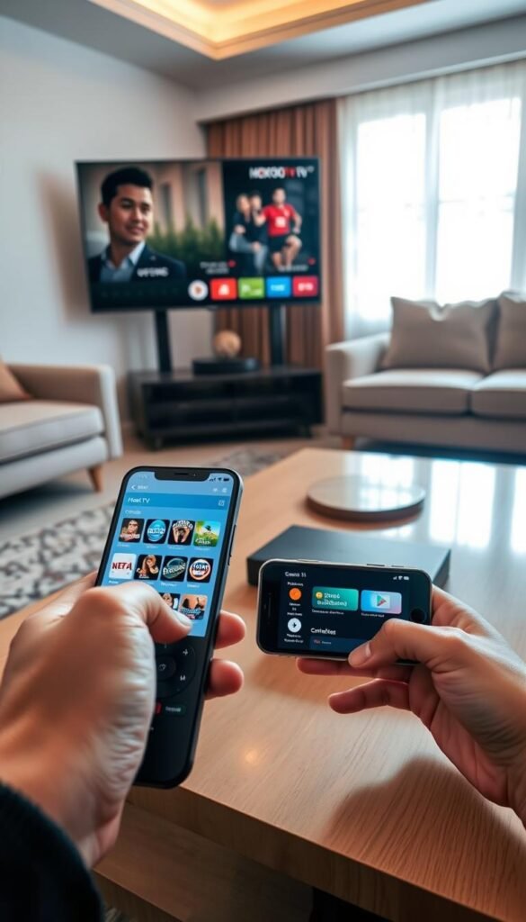 A modern, well-lit living room with a comfortable couch and coffee table. On the coffee table, a smart TV remote and a smartphone with the Hoxtoon Provider IPTV app open, showcasing a selection of live TV channels. In the foreground, a person's hands using the remote to navigate the app, their face reflected in the TV screen. The room is filled with warm, natural lighting and a sense of relaxation, highlighting the convenience of multi-device IPTV streaming with the Hoxtoon Provider service.