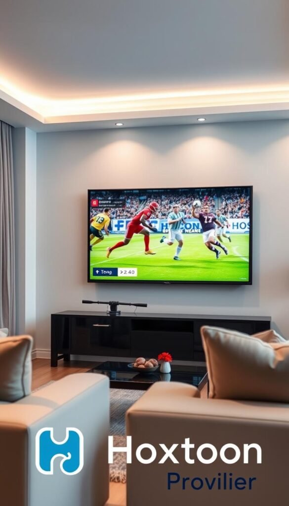 A modern, well-lit living room with a large, flat-screen TV mounted on the wall. On the TV screen, a thrilling sports match is in progress, with players in action and the scoreboard prominently displayed. The room is furnished with comfortable sofas and a coffee table, creating a cozy and inviting atmosphere for sports viewing. The Hoxtoon Provider logo is subtly visible in the corner of the TV screen, indicating the IPTV service being used to stream the live event.