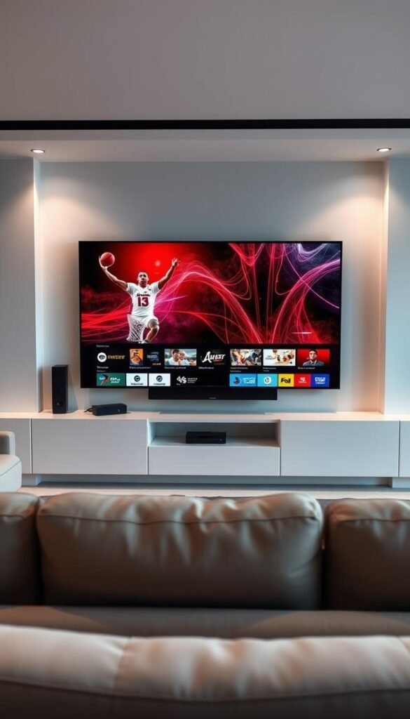 A modern, well-lit living room with a large, sleek smart TV displaying a vibrant array of sports channels from the Hoxtoon Provider IPTV service. The TV is surrounded by high-end home theater equipment, including a soundbar and streaming devices, seamlessly integrated into the room's minimalist, contemporary design. In the foreground, a comfortable couch and armchair invite viewers to sit back and enjoy the immersive sports viewing experience. The overall atmosphere is one of sophistication, technology, and the thrill of live sports.
