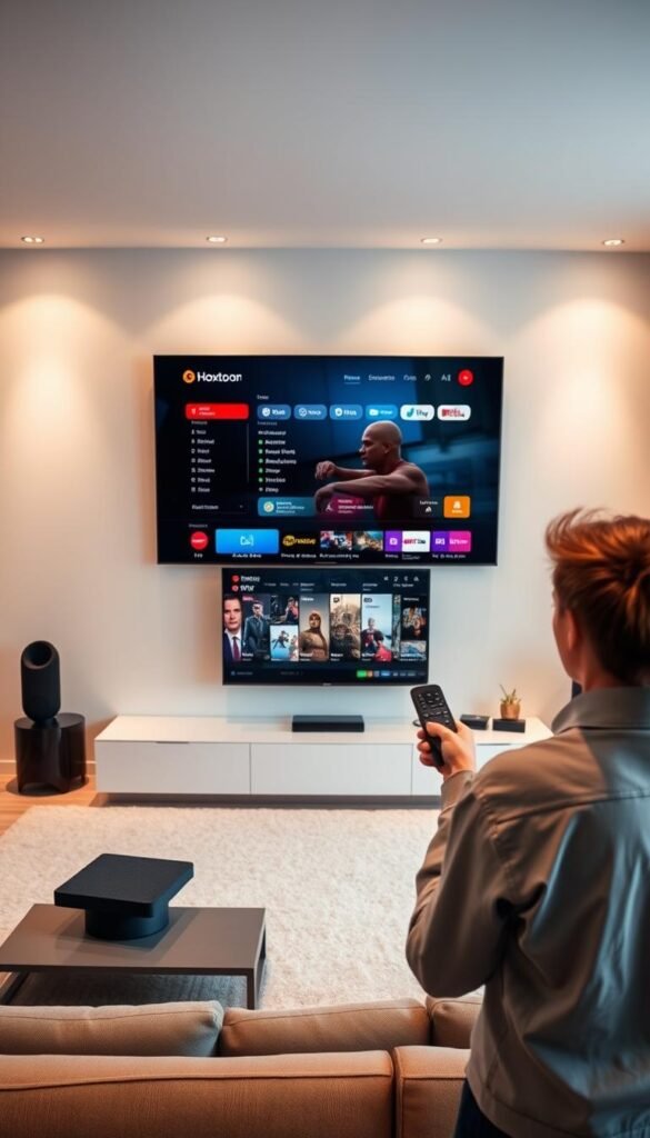 A modern, well-lit living room with a large, sleek smart TV mounted on the wall. In the foreground, a person is standing in front of the TV, using a remote control to navigate the intuitive IPTV interface of the Hoxtoon Provider service, showcasing the extensive channel selection and on-demand content library. The background is filled with minimal, contemporary decor, creating a minimalist, high-tech atmosphere. The lighting is soft and warm, highlighting the crisp display of the TV and the person's focused expression as they explore the Hoxtoon Provider platform.