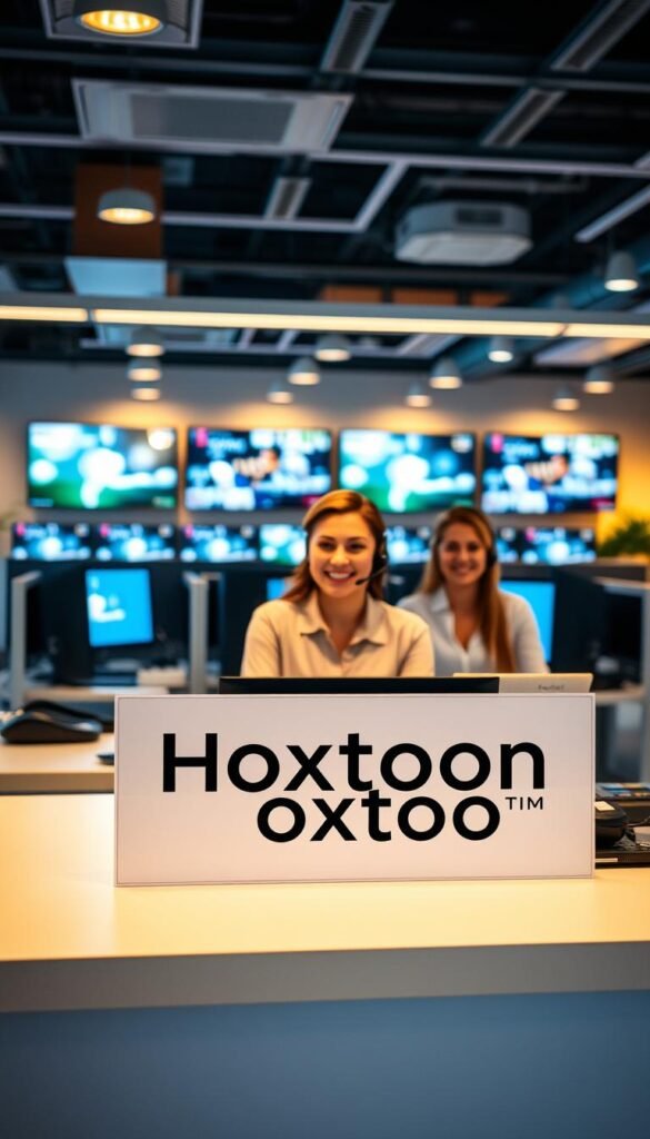 A modern, well-lit office interior with a customer service desk in the foreground. A Hoxtoon Provider logo prominently displayed on the desk. In the middle ground, a team of friendly customer support agents wearing headsets and assisting customers. The background features an array of technical equipment and screens, conveying a sense of professionalism and reliability. The lighting is warm and inviting, creating a comfortable atmosphere. The overall scene evokes a positive, efficient customer service experience for Hoxtoon's IPTV subscribers.