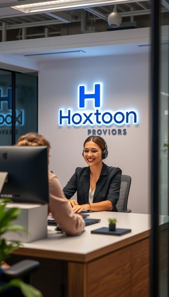 A modern, well-lit office interior with a customer service representative sitting at a desk, engaging with a client on a Hoxtoon Provider mag box. The representative has a warm, friendly demeanor and is providing attentive assistance. In the background, the Hoxtoon Provider logo is prominently displayed, conveying a sense of professionalism and reliability. The scene is captured from a slightly elevated angle, creating a sense of authority and competence. The lighting is soft and diffused, creating a calming atmosphere conducive to productive customer interactions.