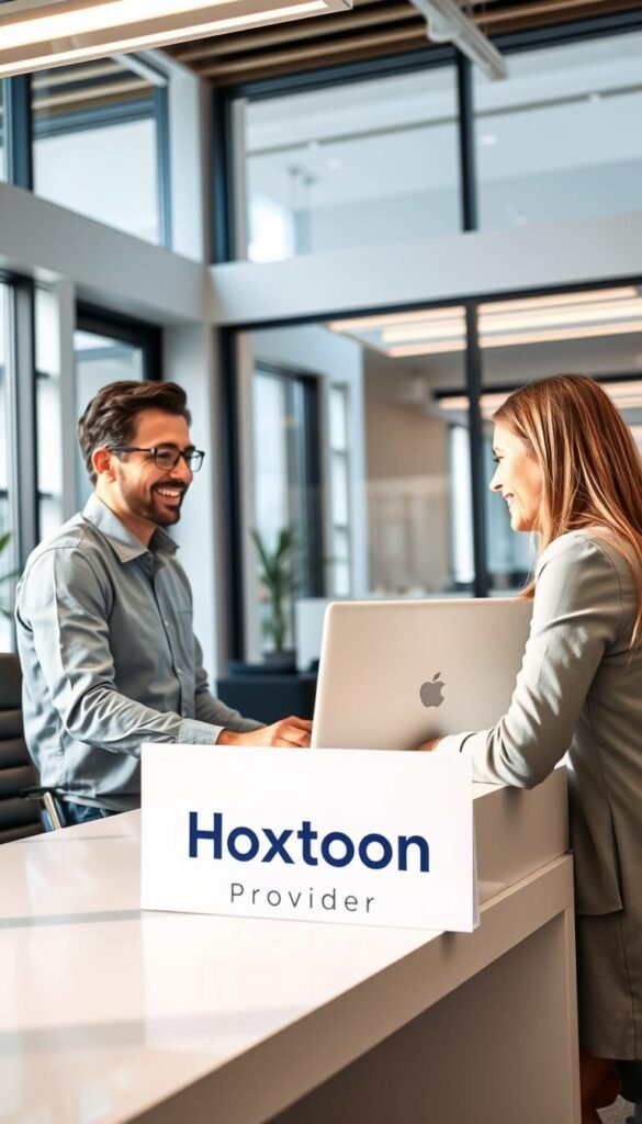 A modern, well-lit office interior with a customer service representative smiling and assisting a customer using a laptop. The Hoxtoon Provider logo is prominently displayed on the desk. The room has sleek, contemporary furniture and decor, conveying a professional and trustworthy atmosphere. Warm, natural lighting from large windows illuminates the scene, creating a welcoming and helpful ambiance. The angle showcases the attentive, personalized service provided by the Hoxtoon team, reflecting their commitment to customer satisfaction.