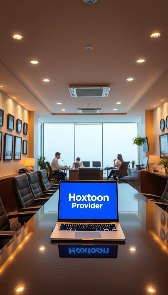 A modern, well-lit office interior, with a large desk and comfortable chairs. On the desk, a laptop displays the Hoxtoon Provider logo, signifying a reliable IPTV service. The walls are adorned with awards and certificates, instilling a sense of professionalism and trustworthiness. The lighting is warm and inviting, creating a welcoming atmosphere. In the background, a team of customer service representatives can be seen, working diligently to address any inquiries or concerns. The overall scene conveys the high-quality customer support and service experience that Hoxtoon Provider offers.