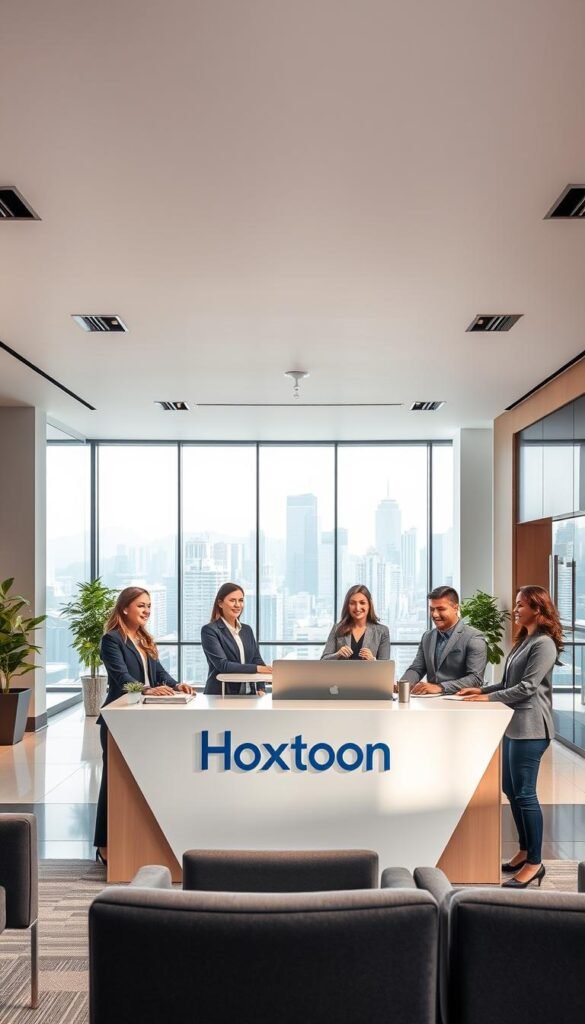 A modern, well-lit office interior with a stylish reception desk, comfortable seating, and a large branded display showcasing the Hoxtoon Provider logo. In the foreground, a team of professional customer service representatives assist customers with warm smiles and attentive body language. The middle ground features sleek, minimalist decor with subtle Hoxtoon branding elements. The background showcases floor-to-ceiling windows overlooking a bustling city skyline, bathed in a soft, natural light. The overall atmosphere conveys a sense of efficiency, reliability, and a commitment to customer satisfaction.
