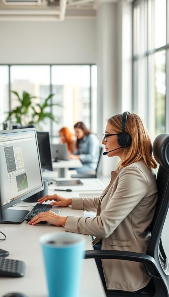A modern, well-lit office setting showcasing the Hoxtoon Provider customer support team. In the foreground, a customer service representative dressed in a professional outfit is seated at a desk, intently assisting a customer on a computer monitor. The middle ground features additional team members collaborating on laptops, conveying a sense of efficient, high-quality service. The background depicts a clean, minimalist interior design with large windows allowing natural light to flood the space, creating a warm and inviting atmosphere. The overall scene should convey the professionalism, responsiveness, and dedication of the Hoxtoon Provider customer support team.