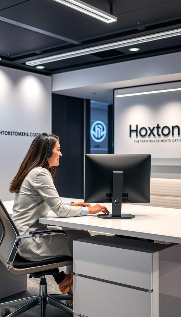 A modern, well-lit office setting with a customer service representative from the Hoxtoon Provider assisting an IPTV subscriber. The agent sits at a clean, minimalist desk, wearing a professional attire and a friendly expression, guiding the user through the features of the IPTV service on a high-resolution computer monitor. In the background, a sleek, tech-forward environment with subtle branding elements reinforces Hoxtoon's commitment to customer satisfaction. The lighting is bright and balanced, creating a warm and inviting atmosphere that reflects the brand's customer-centric approach.