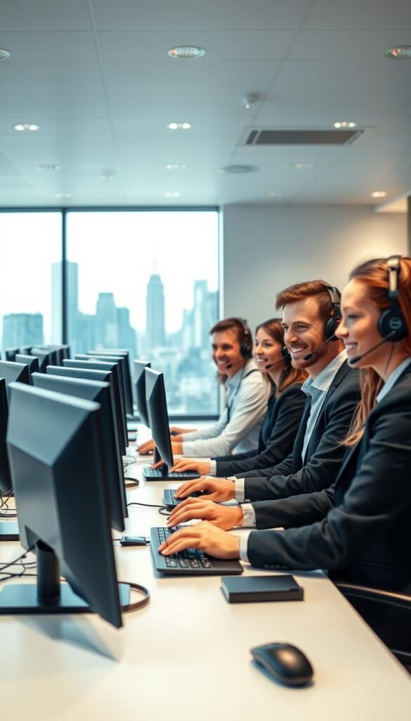 A modern, well-lit office setting with a team of professional customer service representatives from the Hoxtoon Provider company assisting customers on phone calls and computer screens. The foreground features a friendly, diverse group of agents dressed in business attire, smiling and engaged in positive interactions. The middle ground showcases a sleek, minimalist workspace with ergonomic desks, monitors, and headsets. The background depicts a panoramic city skyline, conveying a sense of a thriving, tech-savvy environment. The lighting is warm and inviting, and the overall atmosphere exudes efficiency, reliability, and a commitment to customer satisfaction.