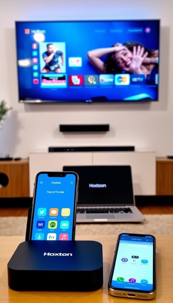 A modern, well-lit room with various digital devices prominently displayed, showcasing the setup of the Hoxtoon Provider IPTV service. In the foreground, a sleek smart TV, a streaming box, and a smartphone are neatly arranged, their screens displaying the Hoxtoon Provider interface. In the middle ground, a laptop and a tablet are also set up, demonstrating the cross-device compatibility of the IPTV service. The background features a clean, minimalist decor, highlighting the seamless integration of technology into the home environment. The overall scene conveys a sense of ease and efficiency, reflecting the intuitive user experience of the Hoxtoon Provider IPTV solution.