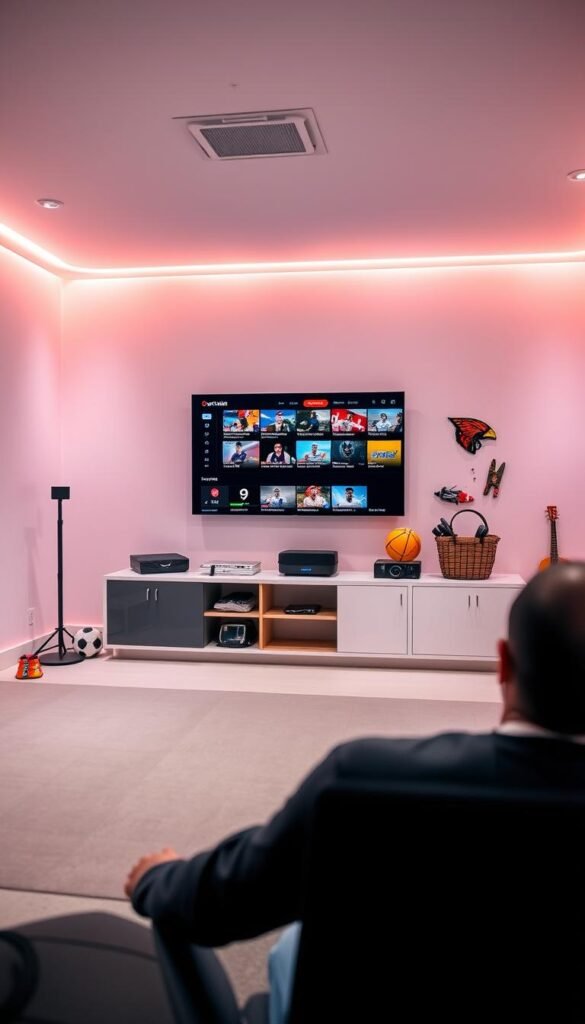 A modern, well-lit sports studio with a sleek, minimalist aesthetic. In the foreground, a large flatscreen TV displays a dynamic IPTV interface showcasing a variety of live sports channels from the Hoxtoon Provider service. The middle ground features various sports equipment and memorabilia, hinting at the diverse programming available. The background is a clean, neutral space with subtle lighting, creating a professional and inviting atmosphere. The overall composition conveys a sense of technological sophistication and the promise of an immersive sports viewing experience through the Hoxtoon Provider IPTV solution.