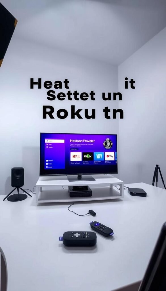A modern, well-lit studio setup with a Roku TV prominently displayed on a desk. The Roku interface is visible on the screen, showcasing the Hoxtoon Provider IPTV app as the main focus. The desktop has various connected devices like a smart remote, and the overall scene conveys a sense of a detailed step-by-step guide for setting up IPTV on Roku TV. The lighting is soft and even, creating a clean, professional atmosphere. The camera angle is slightly elevated, providing a clear view of the Roku TV screen and the connected setup.
