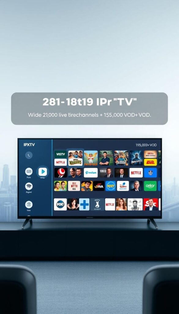 A modern, well-organized IPTV platform with a clean, intuitive interface. The foreground features a stylized TV or streaming device displaying a diverse array of channel logos and content thumbnails, representing the wide selection of over 21,000 live channels and 150,000+ VOD options offered by the Hoxtoon Provider. The middle ground showcases sleek, minimalist UI elements, highlighting the seamless browsing and content discovery experience. The background depicts a subtle, softly blurred cityscape or technology-inspired landscape, conveying a sense of connectivity and the future of television. The overall composition and lighting evoke a professional, polished aesthetic that suggests a reliable, high-quality IPTV service without buffering issues. A modern, well-organized IPTV platform with a clean, intuitive interface. The foreground features a stylized TV or streaming device displaying a diverse array of channel logos and content thumbnails, representing the wide selection of over 21,000 live channels and 150,000+ VOD options offered by the Hoxtoon Provider. The middle ground showcases sleek, minimalist UI elements, highlighting the seamless browsing and content discovery experience. The background depicts a subtle, softly blurred cityscape or technology-inspired landscape, conveying a sense of connectivity and the future of television. The overall composition and lighting evoke a professional, polished aesthetic that suggests a reliable, high-quality IPTV service without buffering issues.