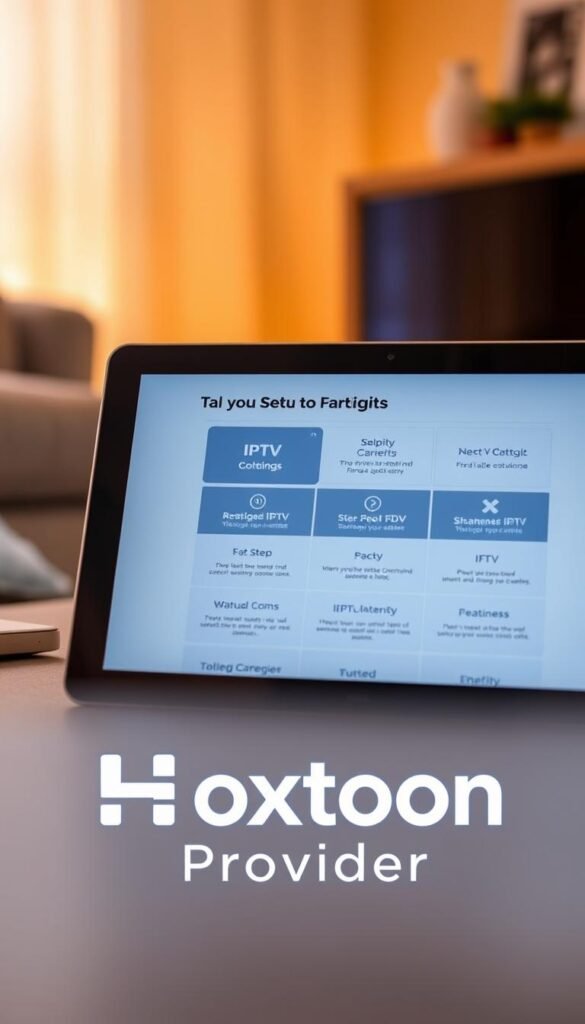 A modern, well-organized IPTV setup guide displayed on a sleek, minimalist tablet device. The tablet is set against a warm, softly lit background, creating a cozy, inviting atmosphere. The guide features clear, step-by-step instructions, with intuitive icons and graphics that make the setup process effortless. In the foreground, the Hoxtoon Provider logo is prominently displayed, highlighting the reliable and user-friendly IPTV service. The overall composition conveys a sense of simplicity, professionalism, and a seamless IPTV experience.