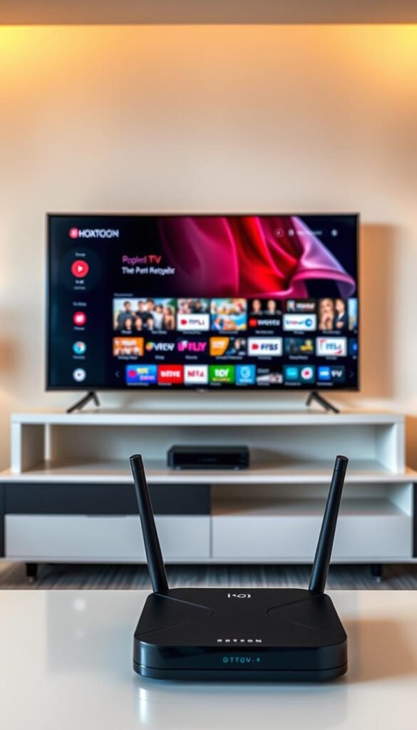 A modern, well-organized setup of a Hoxtoon Provider IPTV streaming service. In the foreground, a sleek smart TV displays the Hoxtoon interface, showcasing a wide selection of live channels and on-demand content. In the middle ground, a high-end router and a compact set-top box are neatly arranged, symbolizing the seamless connectivity and convenience of the Hoxtoon service. The background features a minimalist, well-lit interior with subtle hints of technology, creating an atmosphere of sophistication and cutting-edge entertainment. Warm, natural lighting highlights the premium quality of the setup, inviting the viewer to immerse themselves in the world of Hoxtoon's boundless entertainment options.