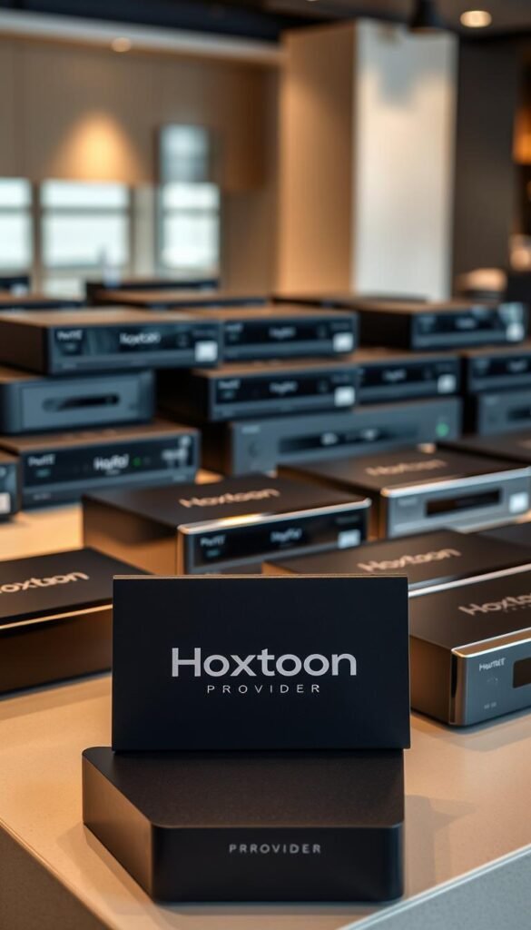 A neatly arranged display of top-of-the-line IPTV boxes in a modern, well-lit showroom. The boxes feature sleek, minimalist designs in shades of black and silver, exuding a premium, high-tech aesthetic. In the foreground, a prominently placed "Hoxtoon Provider" box stands out, its bold branding complementing the overall sophisticated display. The middle ground showcases various IPTV box models, each showcasing its advanced features and connectivity options. The background is softly blurred, creating a sense of depth and emphasizing the products. The lighting is warm and directional, highlighting the refined textures and materials of the IPTV boxes, conveying a sense of quality and exclusivity.