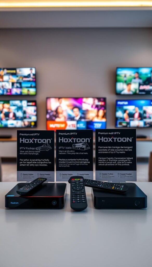A neatly arranged display of various IPTV packages from the premium Hoxtoon Provider service. In the foreground, sleek digital set-top boxes and remote controls are showcased against a backdrop of colorful, high-definition television screens displaying a diverse range of content. The middle ground features promotional materials highlighting the key features and benefits of the Hoxtoon IPTV service, with emphasis on the exceptional video and audio quality, extensive channel selection, and user-friendly interface. The background depicts a modern, minimalist living room setting, bathed in warm, ambient lighting to convey a sense of comfort and entertainment. The overall composition exudes a sophisticated, premium aesthetic that captures the essence of Germany's top-tier IPTV offering.