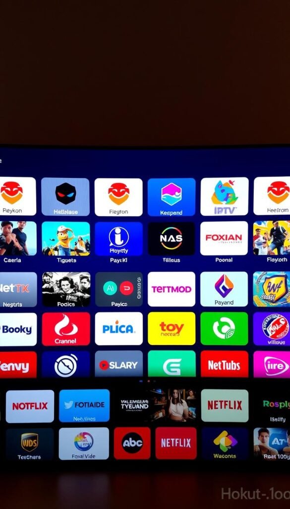 A neatly organized array of colorful Roku TV app icons, showcasing a diverse selection of IPTV channels from the Hoxtoon Provider. Streamlined and user-friendly interface, with a clean and modern aesthetic. Vivid, high-definition graphics and a subtle, warm lighting setup to create a welcoming and inviting atmosphere. Arrange the icons in a grid formation, with a clear focus on the Hoxtoon Provider brand and its extensive IPTV channel offerings. Convey a sense of ease and convenience for the Roku TV user, emphasizing the broad range of content available through the Hoxtoon IPTV service.