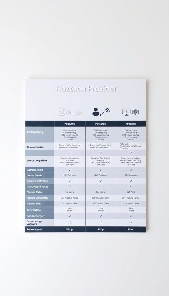 A neatly organized comparison chart displaying the key features and pricing of the Hoxtoon Provider IPTV service alongside its leading competitors. The chart is set against a clean, minimalist background with a soft, neutral color palette to emphasize the information. The Hoxtoon Provider logo is prominently featured, with the other providers' logos displayed in a balanced, visually appealing layout. The chart presents a clear, side-by-side comparison of essential details such as channel selection, device compatibility, subscription options, and customer support. The overall composition is sleek, professional, and optimized to effectively convey the relevant information to the reader.