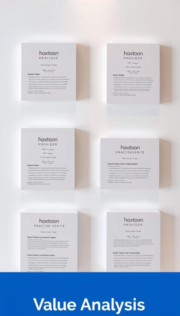 A neatly organized display of various "Hoxtoon Provider" IPTV subscription plans presented in sleek, minimalist mag boxes against a clean, soft-lit backdrop. The boxes showcase the plan details with crisp typography and subtle, elegant branding. The overall composition conveys a sense of professionalism, value, and high-quality service, perfectly suited to illustrate the "Value Analysis" section of the article.