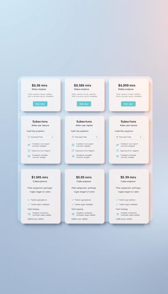 A neatly organized grid layout showcasing the subscription plans offered by the Hoxtoon Provider. The plans are displayed as sleek, minimalist cards with clear pricing, features, and duration information. The foreground has a clean, modern aesthetic with a soft, warm lighting, while the background subtly blends gradients of blue and gray, creating a sense of professionalism and trust. The overall composition emphasizes the clarity and simplicity of the Hoxtoon Provider's subscription offerings.