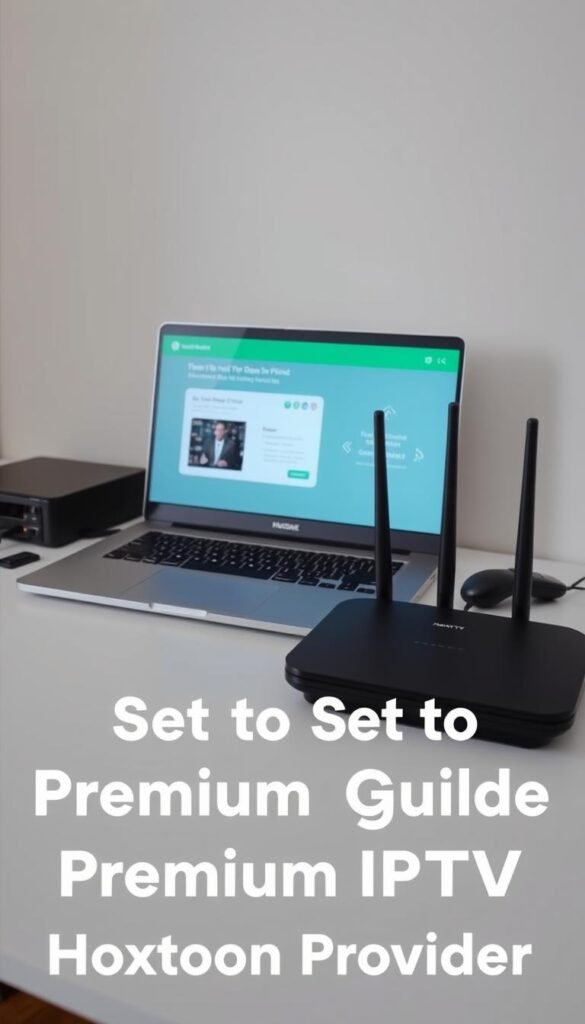 A neatly organized workstation with a laptop, router, and remote control prominently displayed, conveying a step-by-step guide for setting up a premium IPTV service from Hoxtoon Provider. The scene is well-lit, with a clean, minimalist aesthetic and a sense of professionalism. The laptop screen shows an intuitive interface, guiding the user through the setup process. The router and remote control are positioned to suggest the interconnected nature of the system. The overall mood is one of clarity, simplicity, and technical expertise, reflecting the step-by-step guide for a premium IPTV experience.