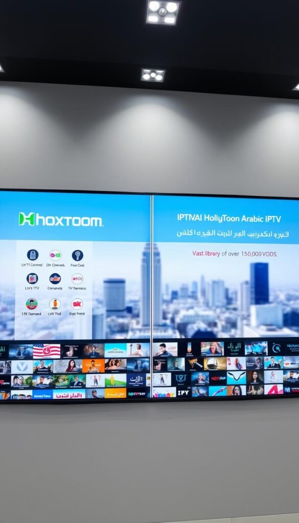 A panoramic view of a digital display showcasing a side-by-side comparison of the Hoxtoon Provider and competing Arabic IPTV services. The foreground features prominently placed logos and branding for Hoxtoon Provider, alongside sleek icons representing various IPTV features such as live TV channels, on-demand content, and device compatibility. The middle ground depicts neatly arranged rows of content thumbnails, highlighting the vast library of over 150,000 VODs available on the Hoxtoon platform. The background is a softly blurred cityscape, evoking a sense of modern technology and global connectivity. The lighting is clean and professional, with a balanced contrast that accentuates the visual elements. The overall composition conveys a sense of authority, quality, and the comprehensive offering of the Hoxtoon Provider in the Arabic IPTV market.