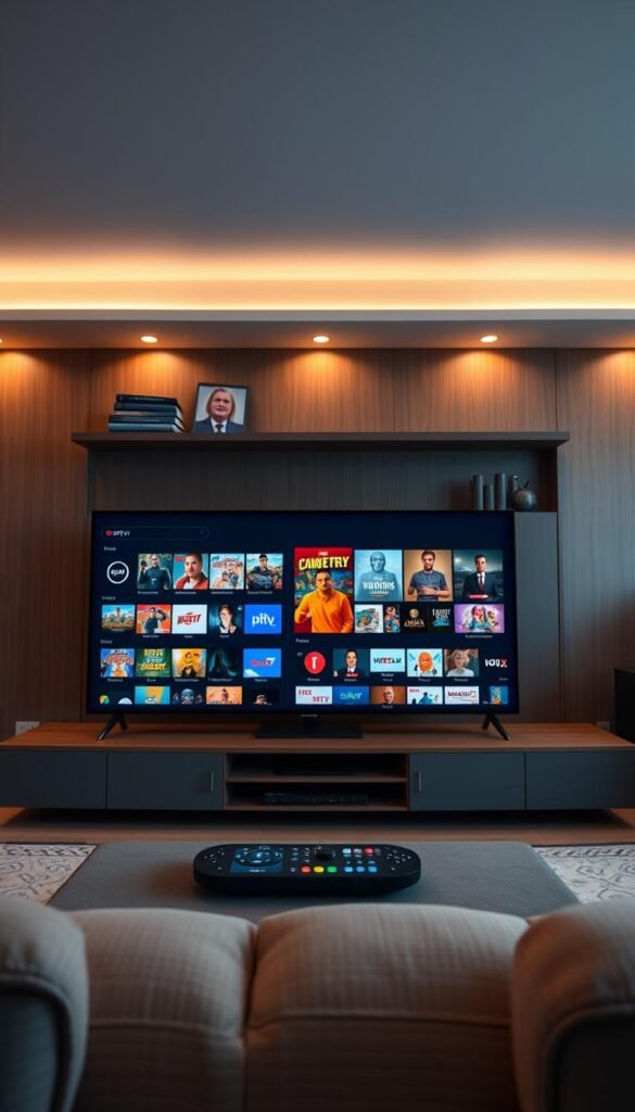 A panoramic view of a sleek, modern media center displaying a diverse array of streaming IPTV channels from the Hoxtoon Provider. The foreground showcases a high-definition television screen with a vibrant, 4K resolution interface, highlighting a vast selection of on-demand video content. In the middle ground, a sophisticated, touch-enabled control panel allows seamless navigation through the extensive library of over 150,000 VODs. The background features a minimalist, yet stylish home entertainment setup, bathed in warm, ambient lighting that creates a cozy, inviting atmosphere for an immersive viewing experience.