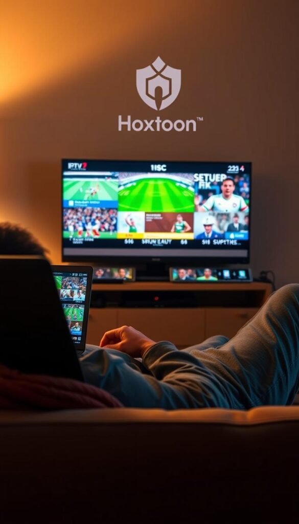 A person relaxing on a couch, laptop in hand, intently watching live sports coverage on multiple online streaming channels. The scene is bathed in warm, ambient lighting, creating a cozy, immersive atmosphere. In the background, the Hoxtoon Provider logo is subtly visible, conveying the availability of a comprehensive IPTV sports package. The composition emphasizes the ease and convenience of accessing a vast array of sports content through a single, reliable platform. The angle is slightly elevated, providing a natural, unobtrusive perspective on the subject's engrossed state, capturing the overall sense of a seamless, enjoyable viewing experience.