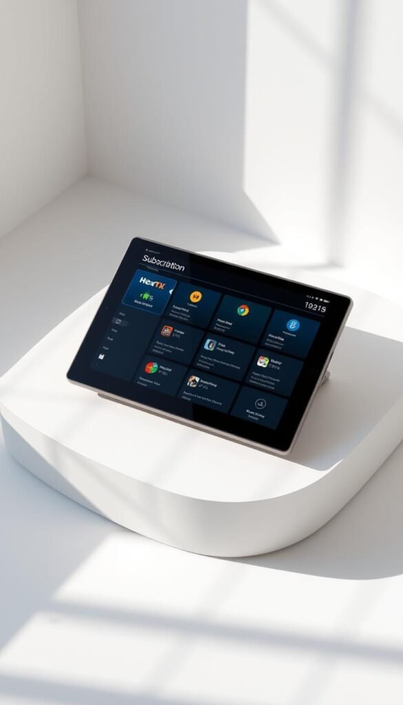 A photo of a sleek, modern mag box displaying various IPTV subscription plans offered by the Hoxtoon Provider. The mag box sits on a minimalist white surface, casting soft shadows. The subscription plans are presented in a clean, organized grid layout, each plan showcased with relevant icons and concise descriptions. The overall scene is lit by a natural, diffused light, creating a sense of clarity and professionalism. The color palette is muted, with accents of the Hoxtoon Provider's branding colors subtly incorporated. The composition emphasizes the mag box and subscription plans, inviting the viewer to explore the various options available. A photo of a sleek, modern mag box displaying various IPTV subscription plans offered by the Hoxtoon Provider. The mag box sits on a minimalist white surface, casting soft shadows. The subscription plans are presented in a clean, organized grid layout, each plan showcased with relevant icons and concise descriptions. The overall scene is lit by a natural, diffused light, creating a sense of clarity and professionalism. The color palette is muted, with accents of the Hoxtoon Provider's branding colors subtly incorporated. The composition emphasizes the mag box and subscription plans, inviting the viewer to explore the various options available.