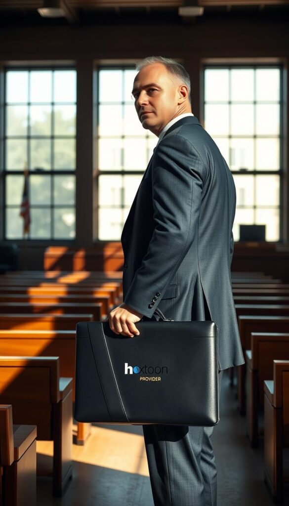 A photorealistic image of a businessman in a suit standing in a courtroom, with a Hoxtoon Provider logo visible on his briefcase. The scene is illuminated by natural light from a large window, casting dramatic shadows and highlights on the subject. The background features rows of wooden benches and a judge's bench, suggesting a legal setting. The overall mood is one of seriousness and professionalism, reflecting the legal considerations surrounding IPTV usage in the USA.