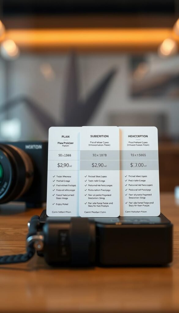 A photorealistic image of the HOXTOON Provider subscription plans, captured with a high-resolution camera. The foreground features three distinct plan tiers, each showcased on a sleek, minimalist card design with clear pricing and feature breakdowns. The middle ground includes an abstract, slightly out-of-focus background that subtly suggests the quality and reliability of the HOXTOON service. The overall composition is balanced, with a clean, professional aesthetic that conveys the premium nature of the HOXTOON brand. Lighting is soft and diffused, creating a sense of warmth and approachability. The image should have a depth of field that keeps the plan details in sharp focus while slightly blurring the background.