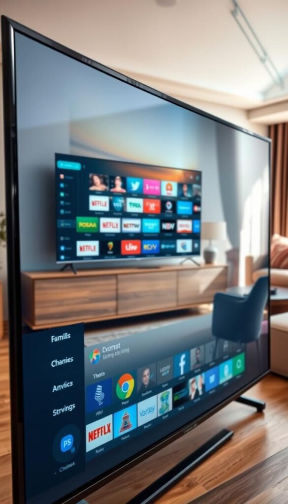 A premium IPTV service with a vast channel lineup. The Hoxtoon Provider offers a sleek, modern interface showcasing an impressive array of high-definition channels from around the world. In the foreground, a curved flatscreen TV displays a vibrant, crystal-clear image. In the middle ground, a minimalist media console in warm wood tones complements the TV. The background is a cozy, well-lit living room with large windows letting in natural light, creating a sense of openness and tranquility. The overall atmosphere conveys a premium, sophisticated viewing experience.