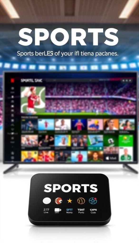 A premium sports IPTV package offered by the Hoxtoon Provider, displayed on a sleek modern interface. In the foreground, a bold "SPORTS" headline captures the viewer's attention, with icons for various sports leagues like football, basketball, and soccer. In the middle ground, a grid of thumbnail images showcases different live events and on-demand content. The background features a vibrant, motion-blurred sports arena, with spectators and the field of play visible through a semi-transparent window. The overall scene conveys a sense of high-quality, immersive sports entertainment at your fingertips, facilitated by the Hoxtoon Provider IPTV service.