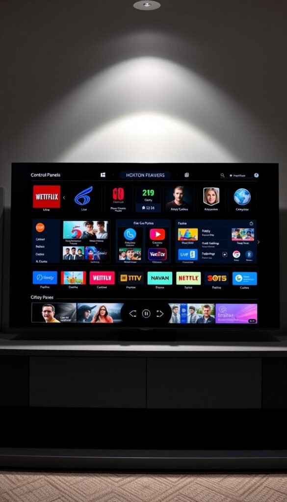A pristine control panel interface showcasing the advanced features of a premium IPTV service, Hoxtoon Provider. Sleek, high-contrast design with intuitive layouts and rich iconography. Vibrant colors and clean lines convey a sense of power and sophistication. The screen displays a diverse selection of live channels, on-demand content, and customizable settings - all under a soft, directional lighting that accentuates the premium aesthetic. The composition utilizes a 3/4 angle to emphasize the depth and complexity of the interface, creating an immersive and captivating visual experience for the power user.